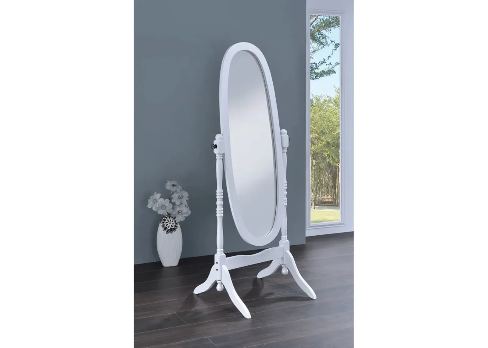 Traditional Oval Shaped Cheval Mirror, White - Benzara