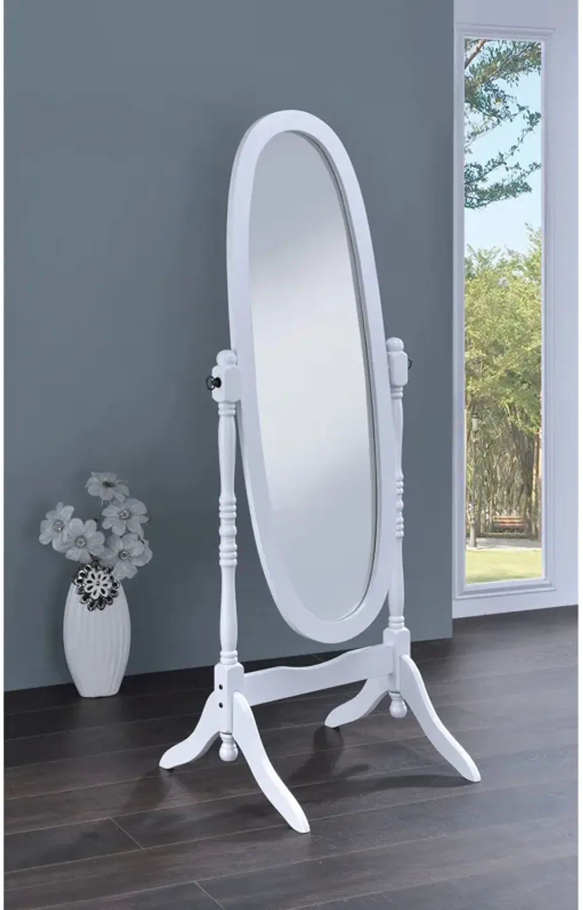 Traditional Oval Shaped Cheval Mirror, White - Benzara