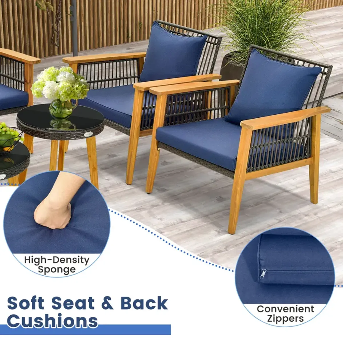 5 Piece Outdoor Conversation Set with 2 Coffee Tables for Backyard Poolside-Navy