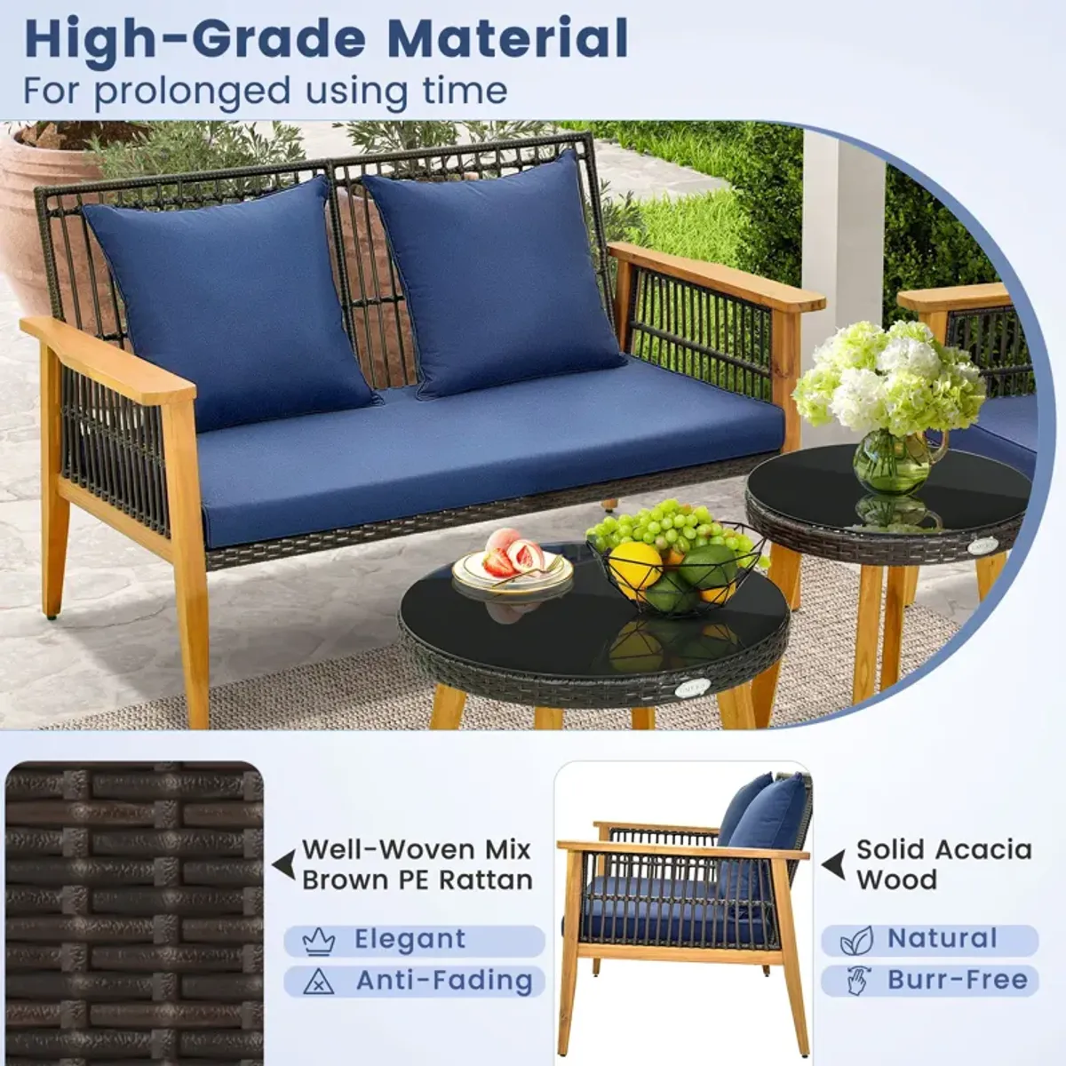 5 Piece Outdoor Conversation Set with 2 Coffee Tables for Backyard Poolside-Navy