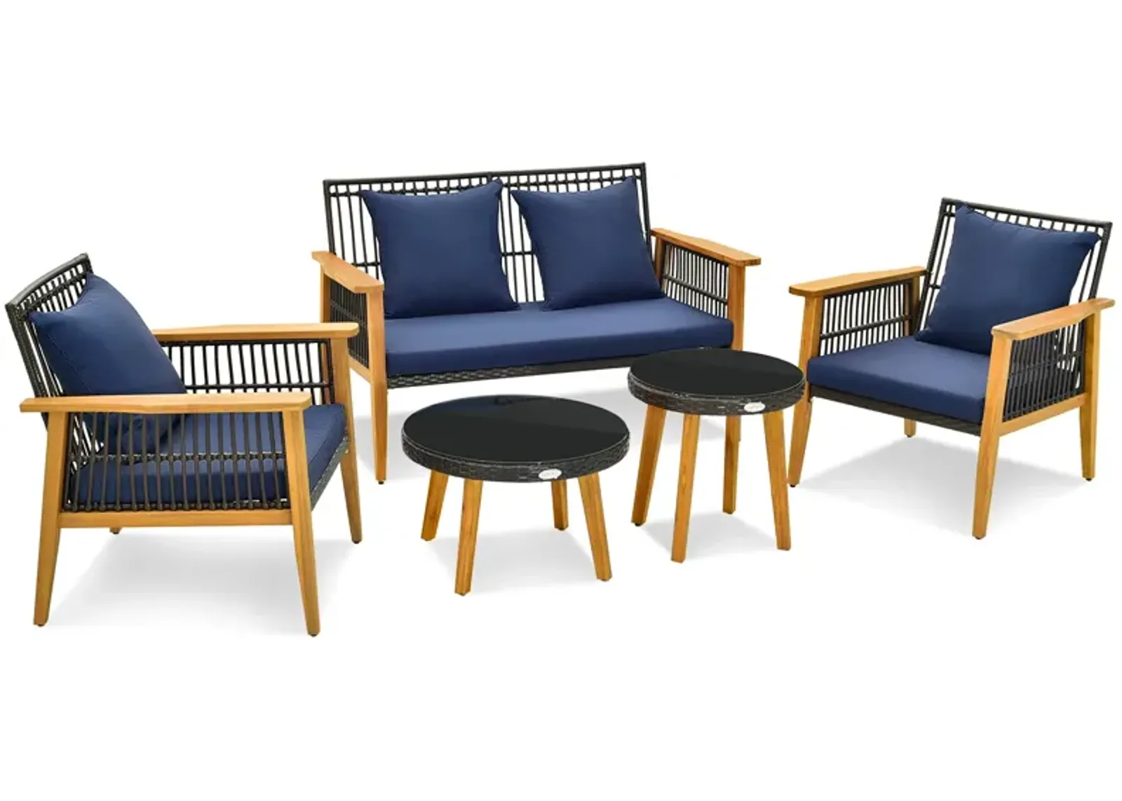 5 Piece Outdoor Conversation Set with 2 Coffee Tables for Backyard Poolside-Navy