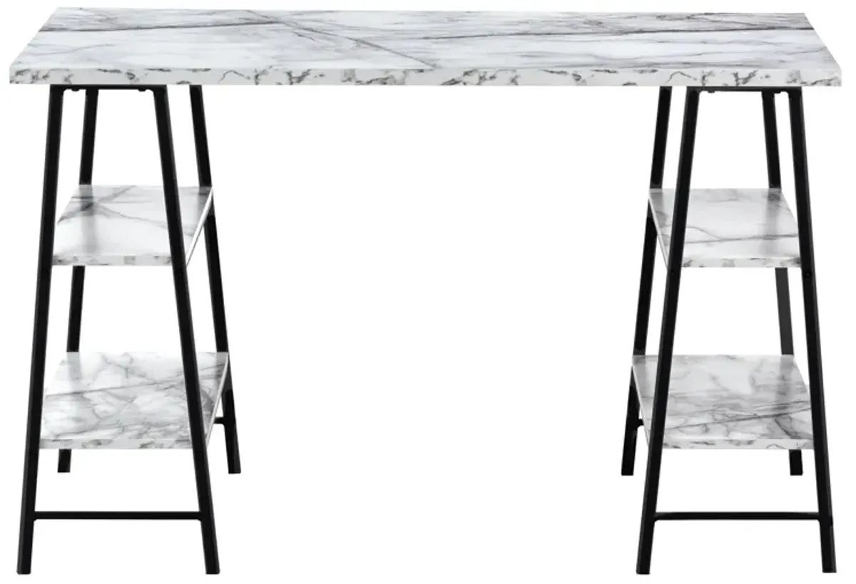 Monarch Specialties I 7527 Computer Desk, Home Office, Laptop, Storage Shelves, 48"L, Work, Metal, Laminate, White Marble Look, Black, Contemporary, Modern