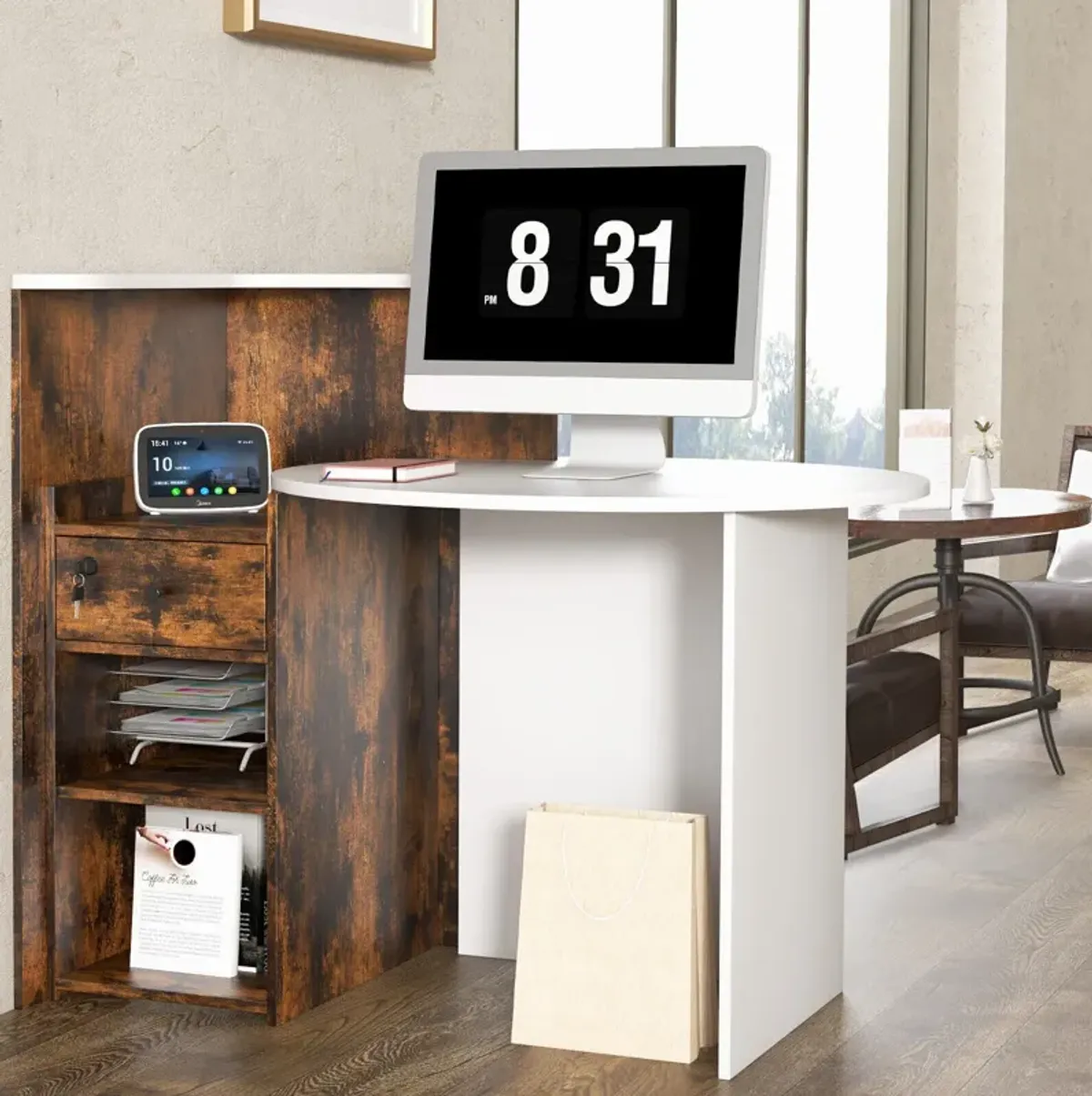 Reception Station Desk with Open Shelf – Office Front Desk with Secure Drawer