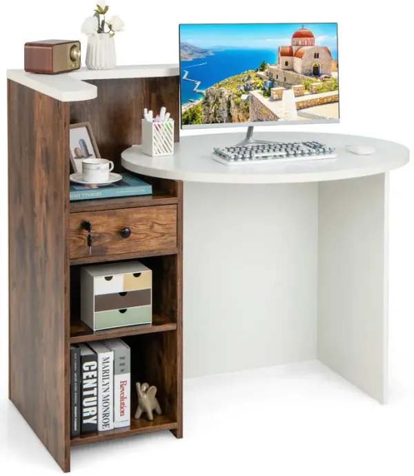 Reception Station Desk with Open Shelf – Office Front Desk with Secure Drawer