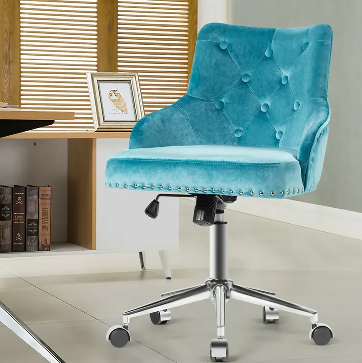 Costway Velvet Office Chair Upholstered Swivel Computer Task Chair Turquoise