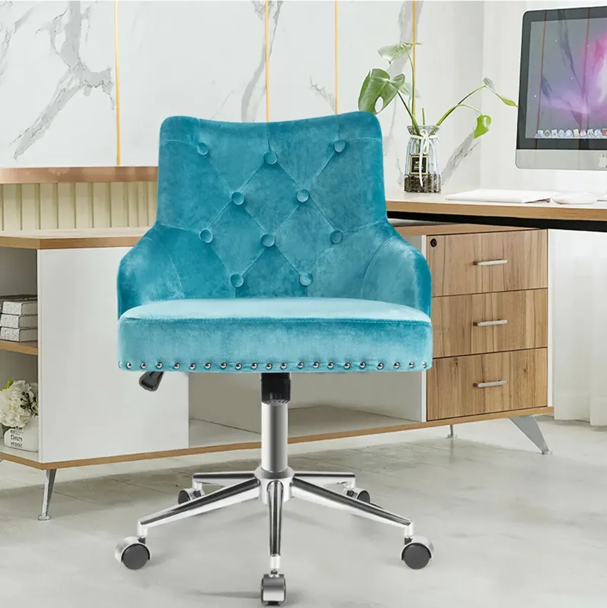 Costway Velvet Office Chair Upholstered Swivel Computer Task Chair Turquoise