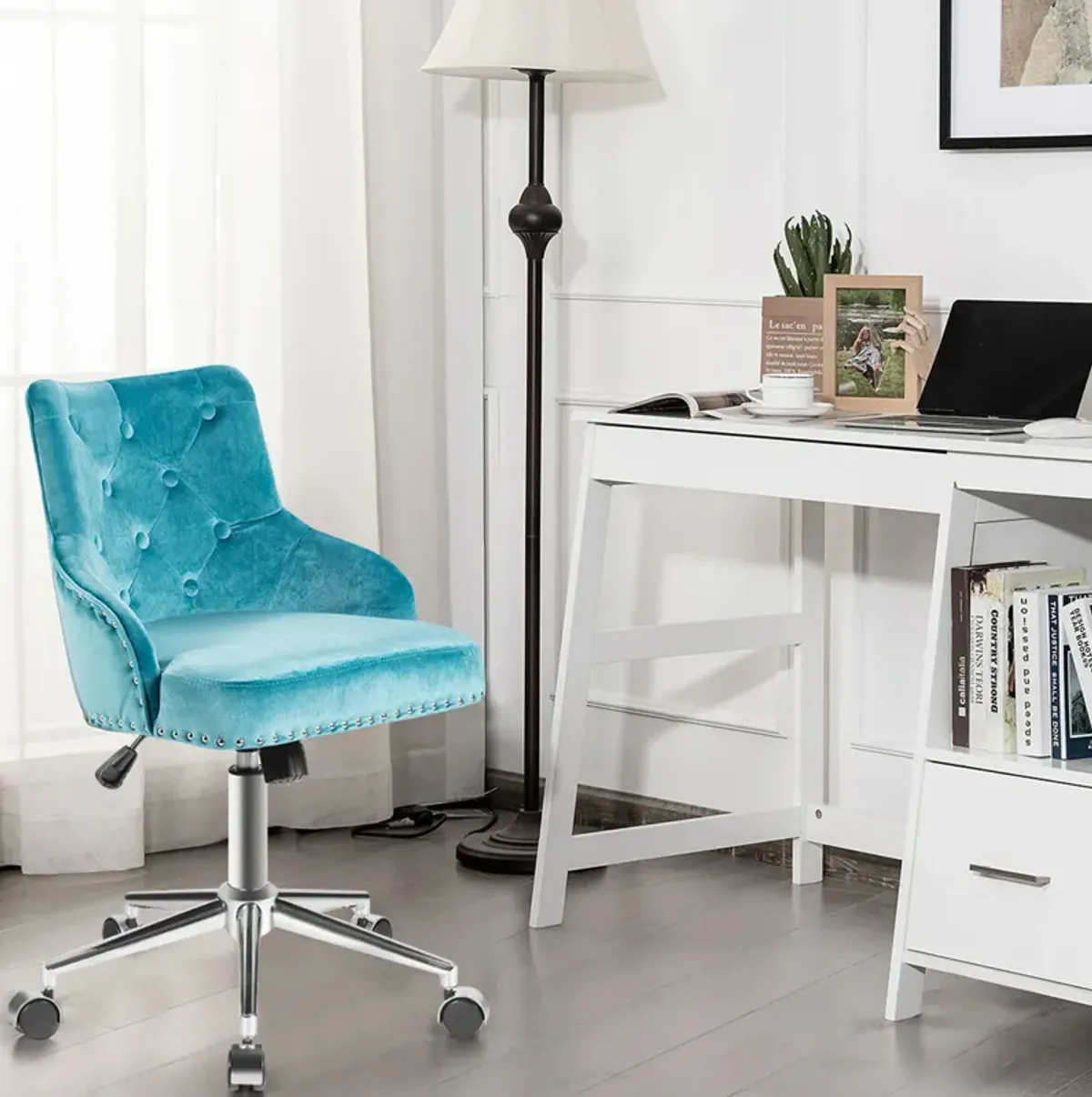 Costway Velvet Office Chair Upholstered Swivel Computer Task Chair Turquoise