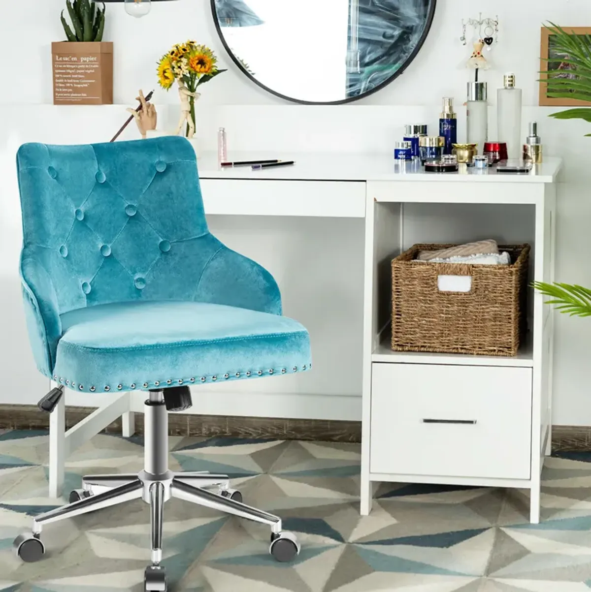 Costway Velvet Office Chair Upholstered Swivel Computer Task Chair Turquoise