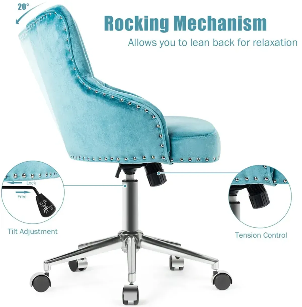 Costway Velvet Office Chair Upholstered Swivel Computer Task Chair Turquoise