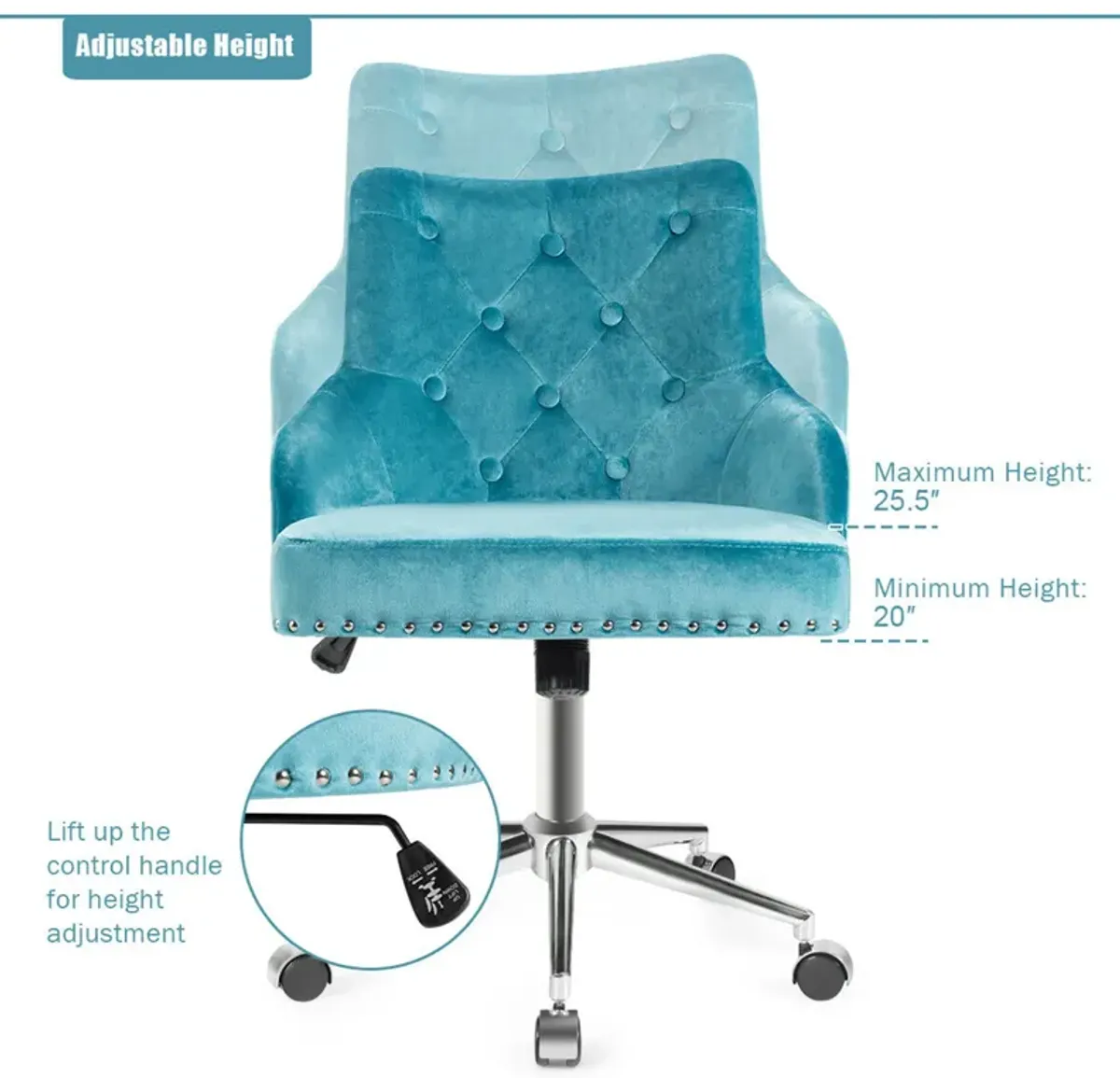 Costway Velvet Office Chair Upholstered Swivel Computer Task Chair Turquoise