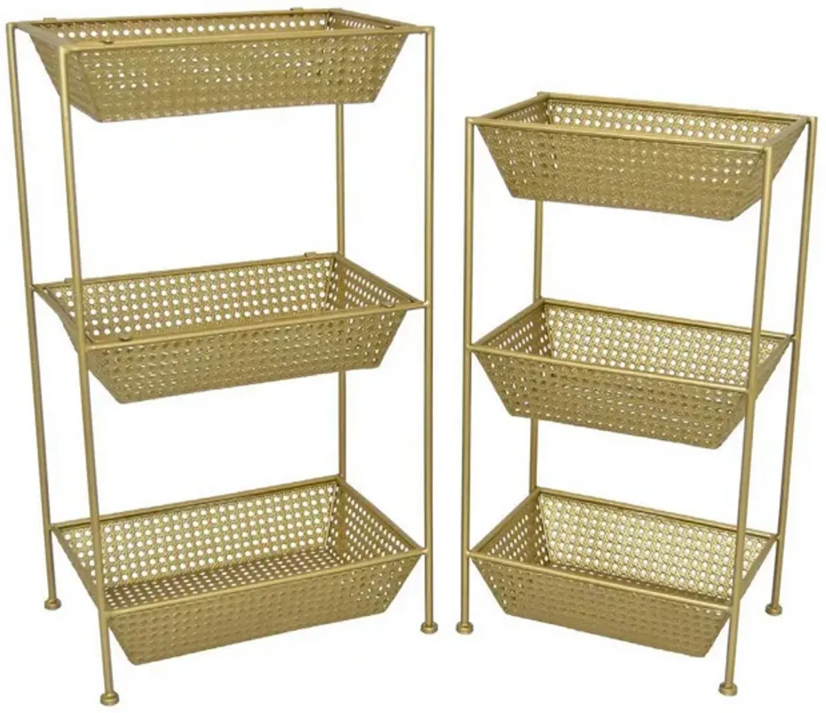 Set of 2 Standing Storage Units, 3 Shelves, Mesh Design, Gold Metal - Benzara