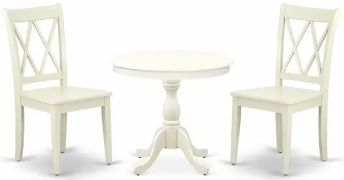 AMCL3-LWH-W 3 Piece Dining Room Set - 1 Pedestal Table and 2 Linen White Wooden Chairs - Linen White Finish