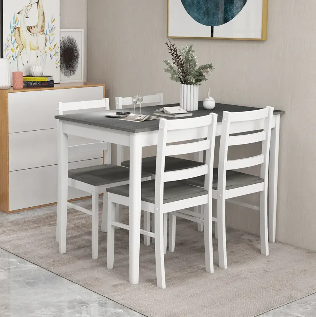 5-Piece Wooden Dining Set with Rectangular Table and 4 Chairs