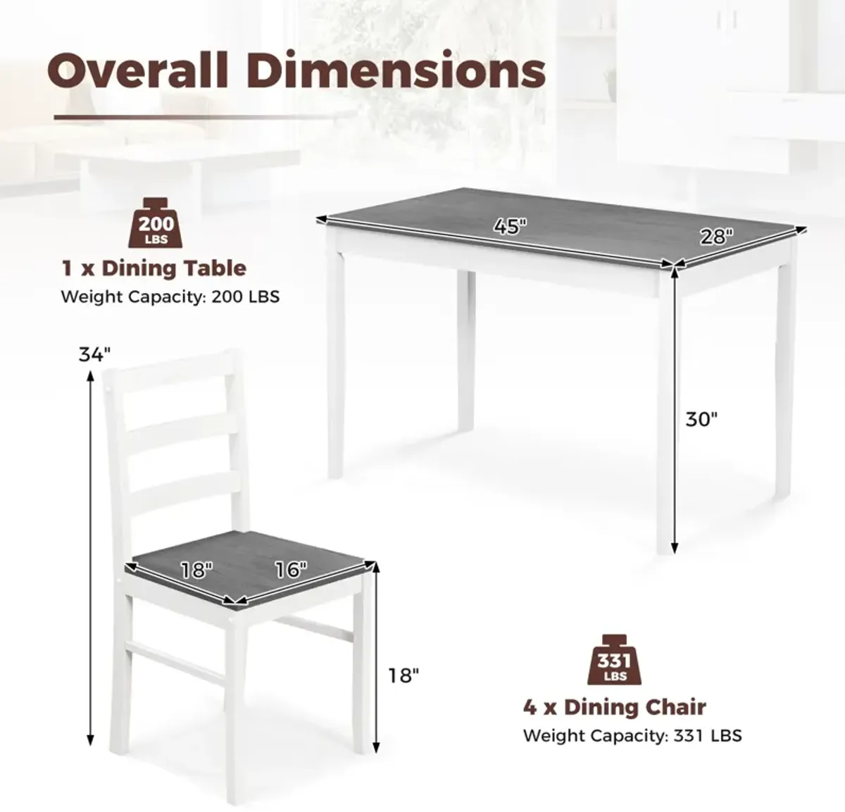 5-Piece Wooden Dining Set with Rectangular Table and 4 Chairs