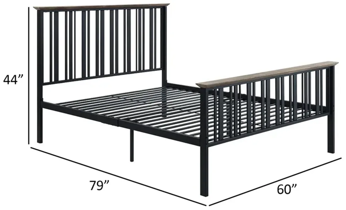 Nori Full Bed with Slatted Metal Frame, MDF Wood, Oak Brown and Black  - Benzara