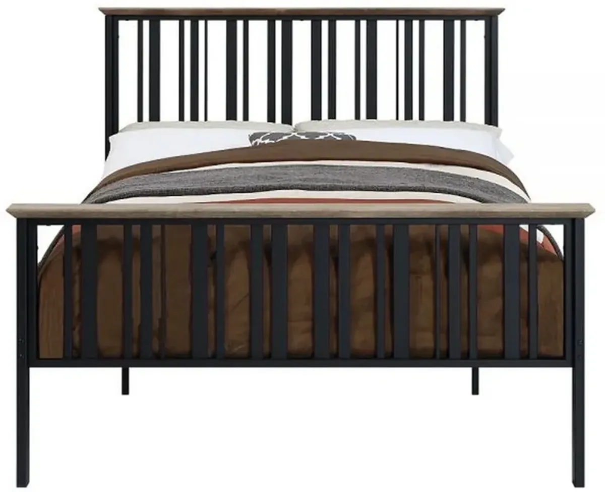 Nori Full Bed with Slatted Metal Frame, MDF Wood, Oak Brown and Black  - Benzara