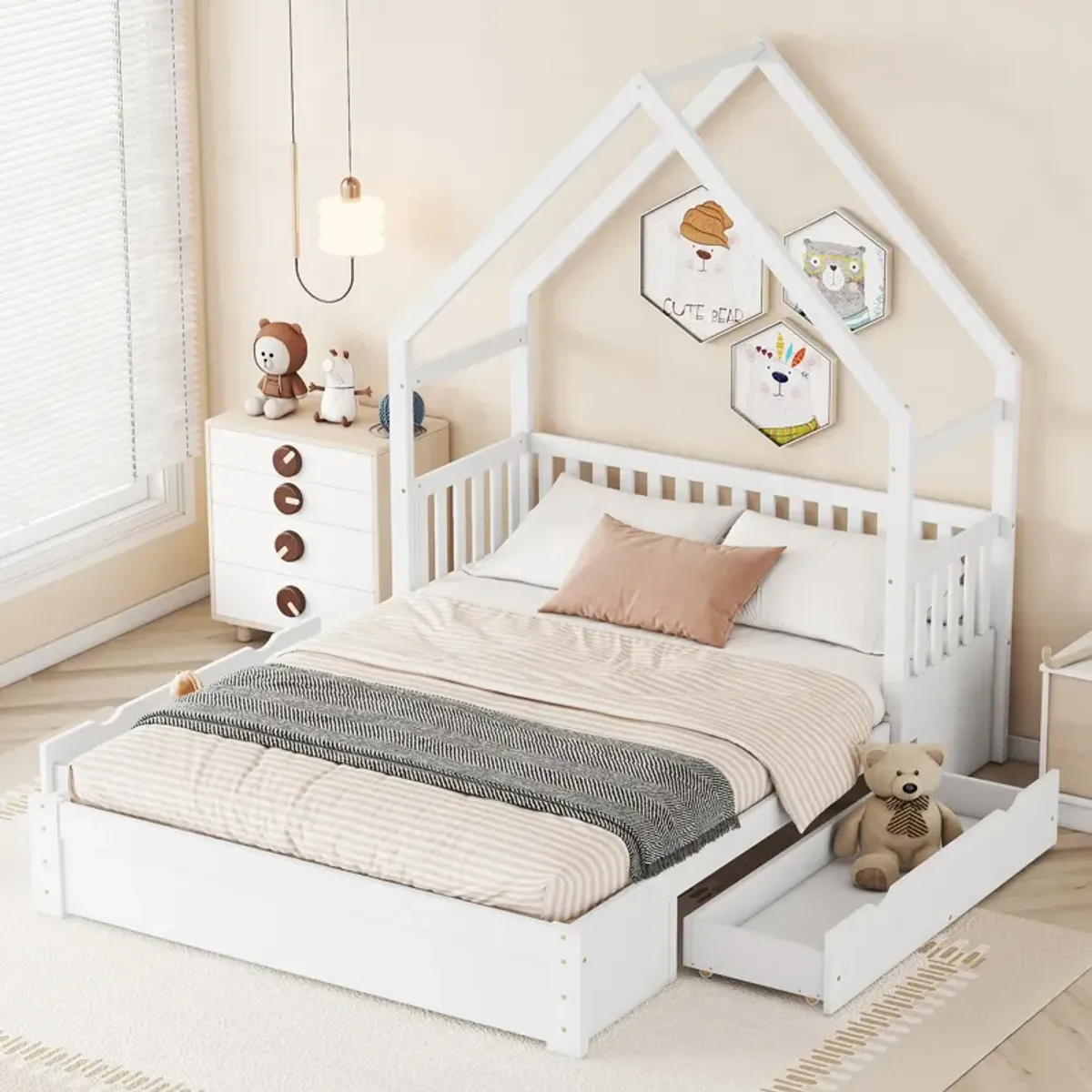 Whisen Queen Size Wood House Platform Bed with Guardrail and 2 Drawers - White