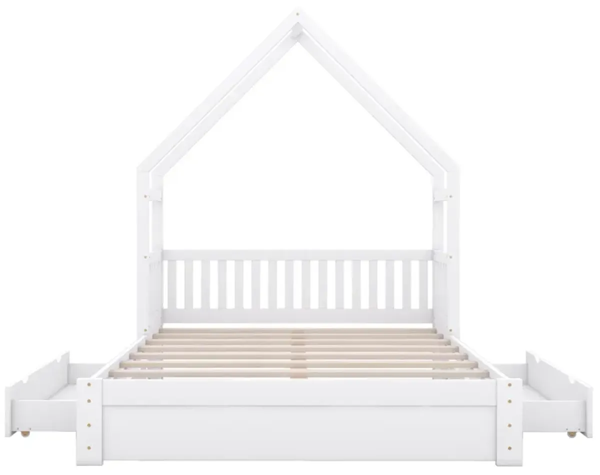 Whisen Queen Size Wood House Platform Bed with Guardrail and 2 Drawers - White