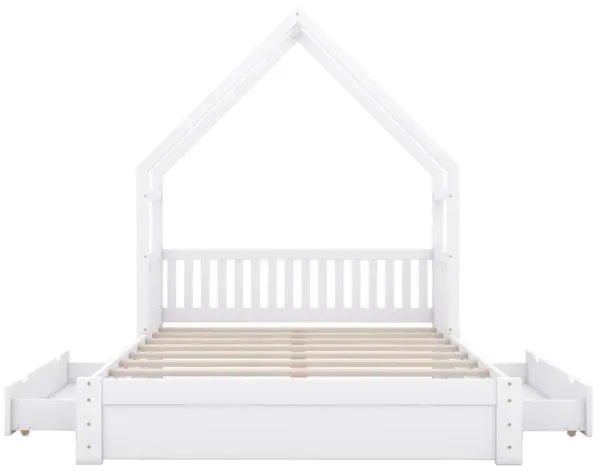 Whisen Queen Size Wood House Platform Bed with Guardrail and 2 Drawers - White