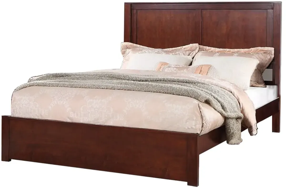Kali Platform California King Bed, Rectangular Panel, Cherry Brown Wood - Benzara