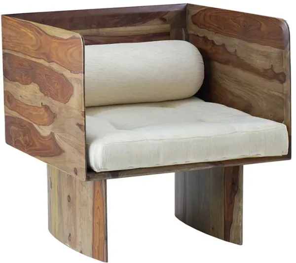 30 Inch Accent Chair, Panel-Style Legs, Tufted, Brown Wood, Beige Cotton