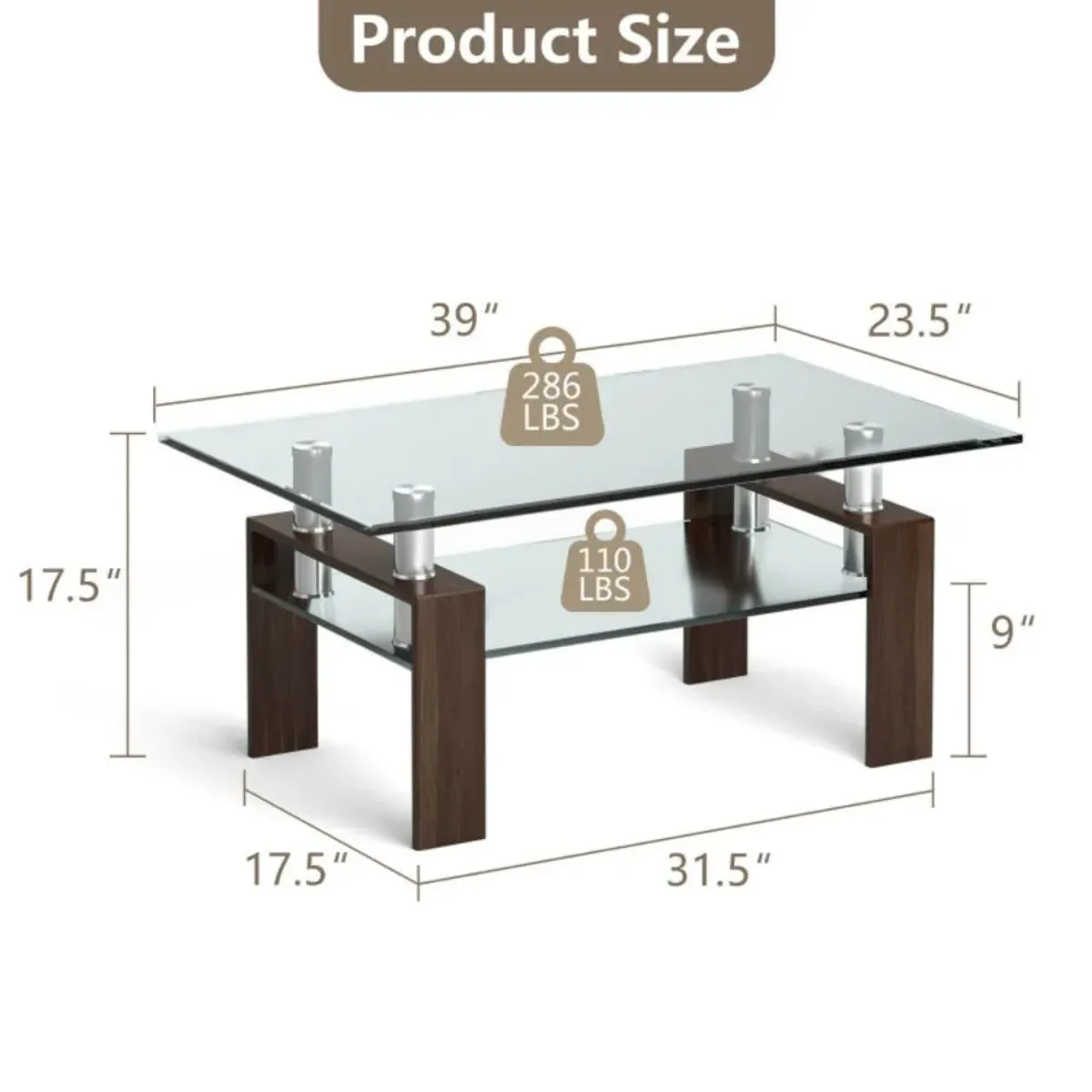 Hivvago Rectangle Glass Coffee Table with Metal Legs for Living Room