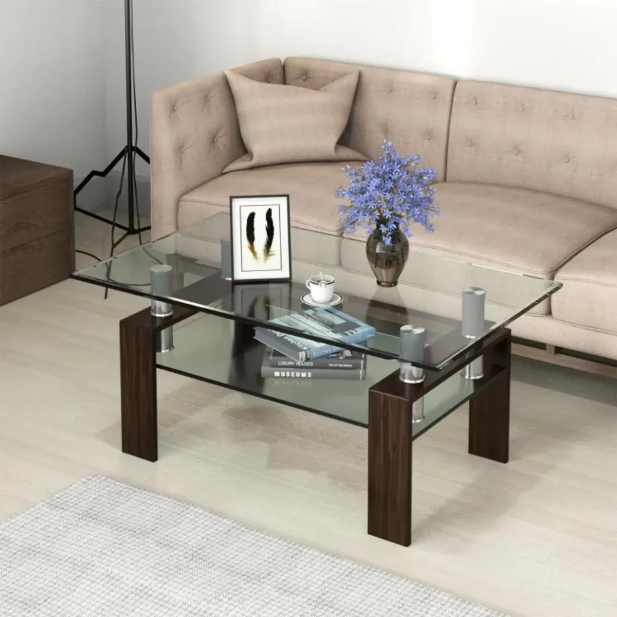 Hivvago Rectangle Glass Coffee Table with Metal Legs for Living Room