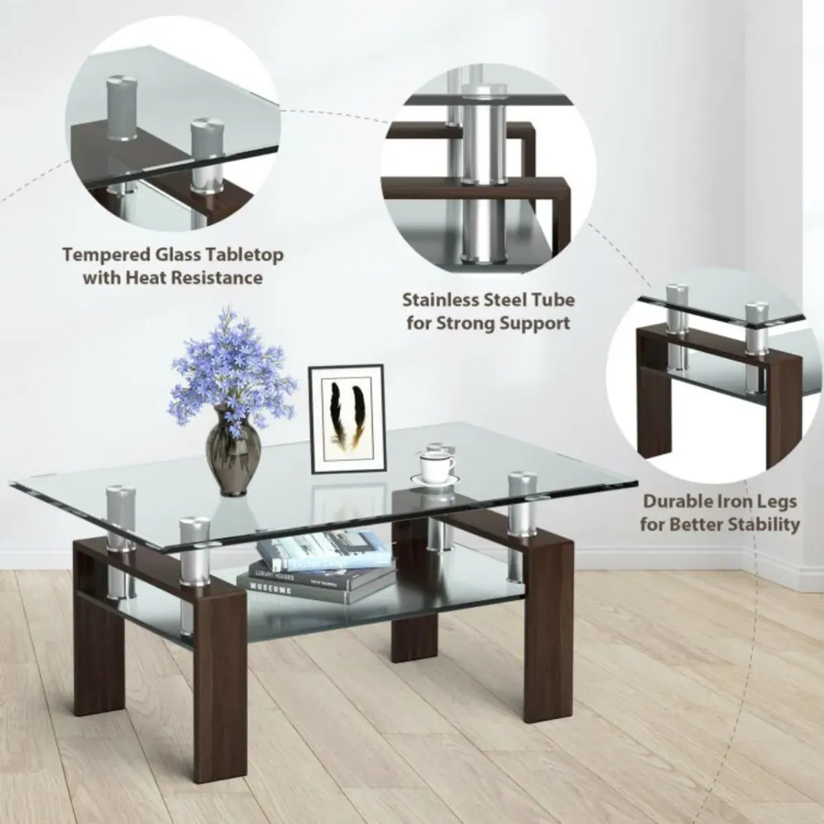 Hivvago Rectangle Glass Coffee Table with Metal Legs for Living Room