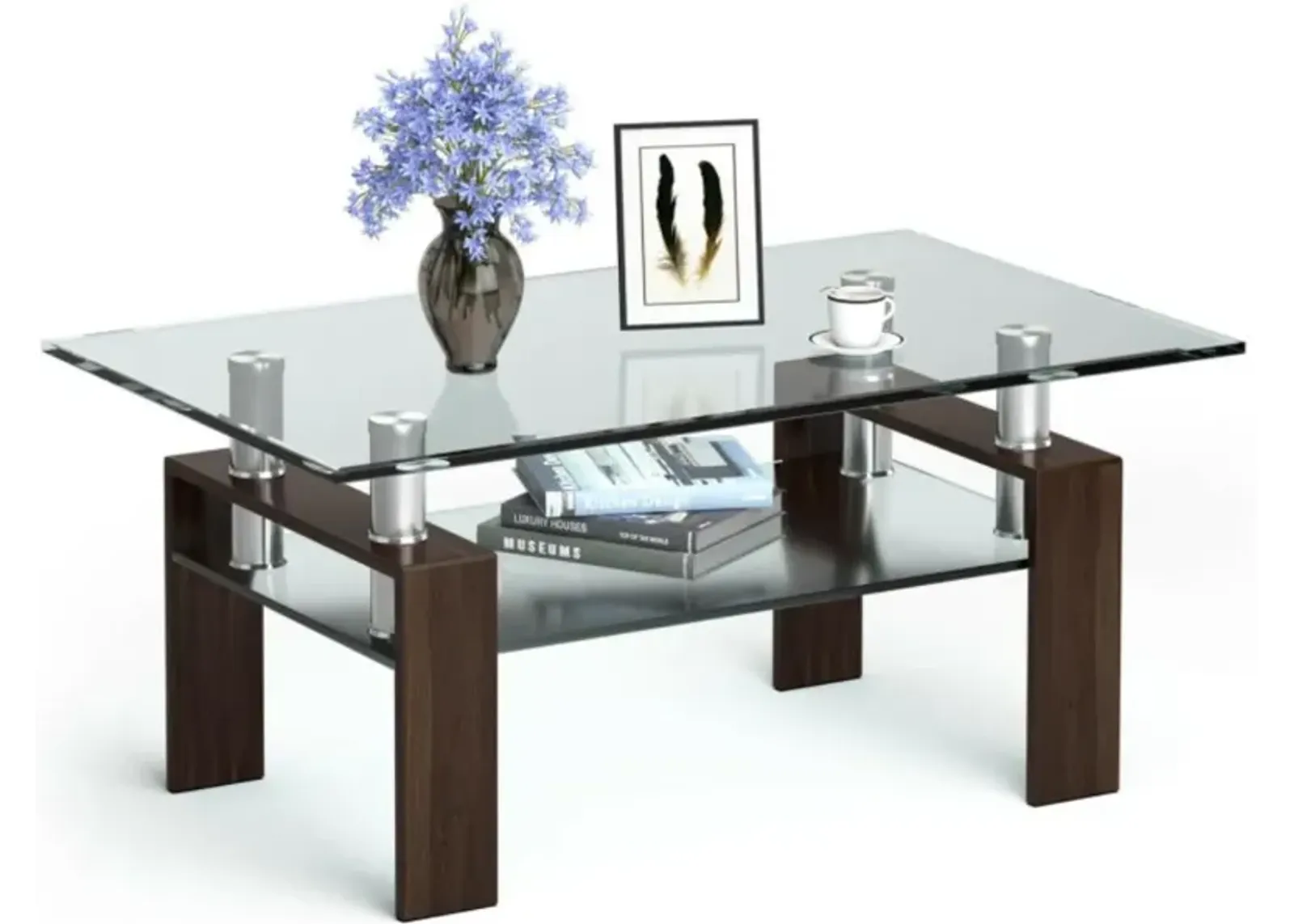 Hivvago Rectangle Glass Coffee Table with Metal Legs for Living Room