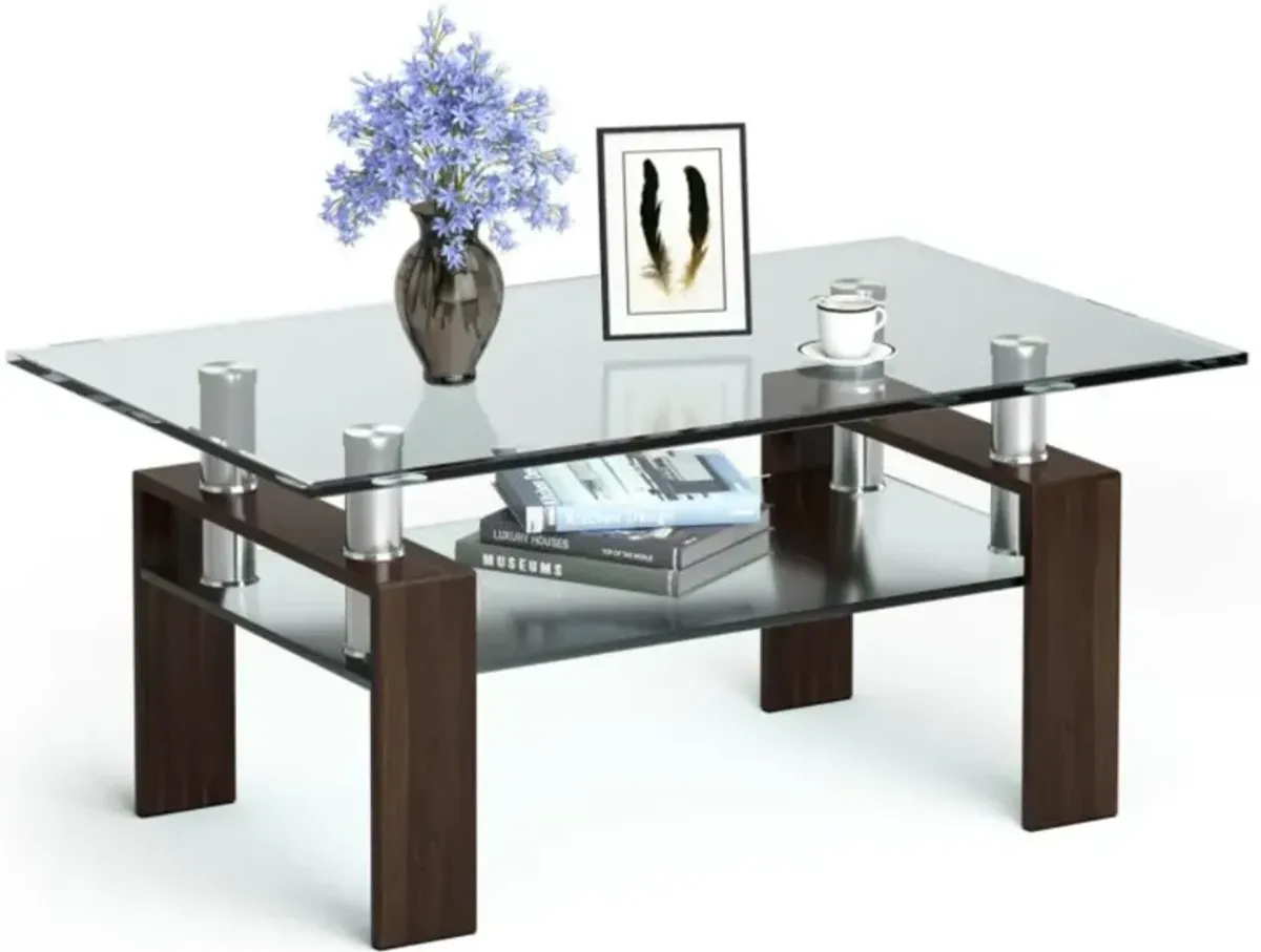 Hivvago Rectangle Glass Coffee Table with Metal Legs for Living Room