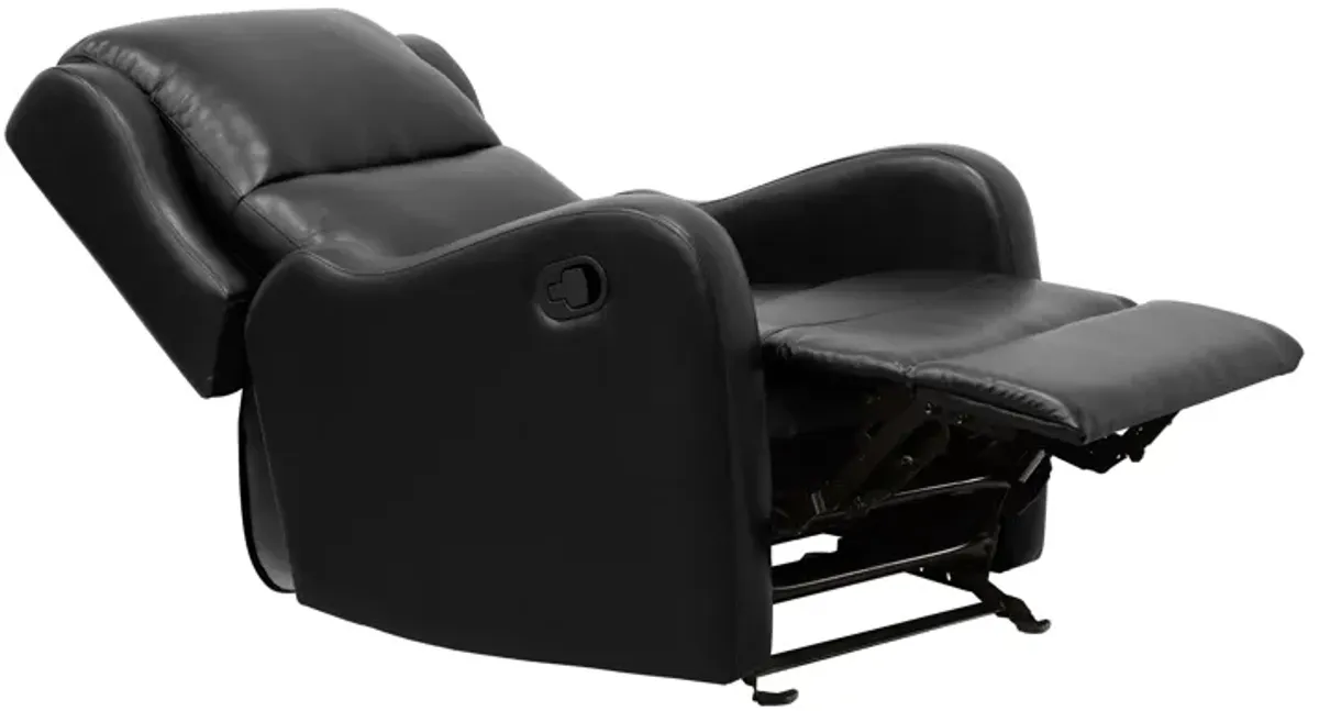 Kim 39 Inch Glider Manual Recliner Chair, Black Faux Leather, Solid Wood - Benzara