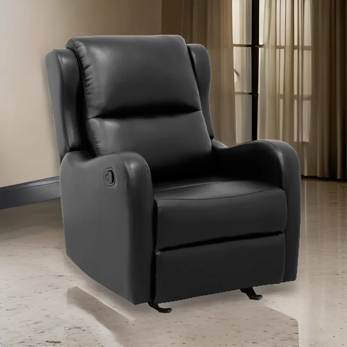 Kim 39 Inch Glider Manual Recliner Chair, Black Faux Leather, Solid Wood - Benzara