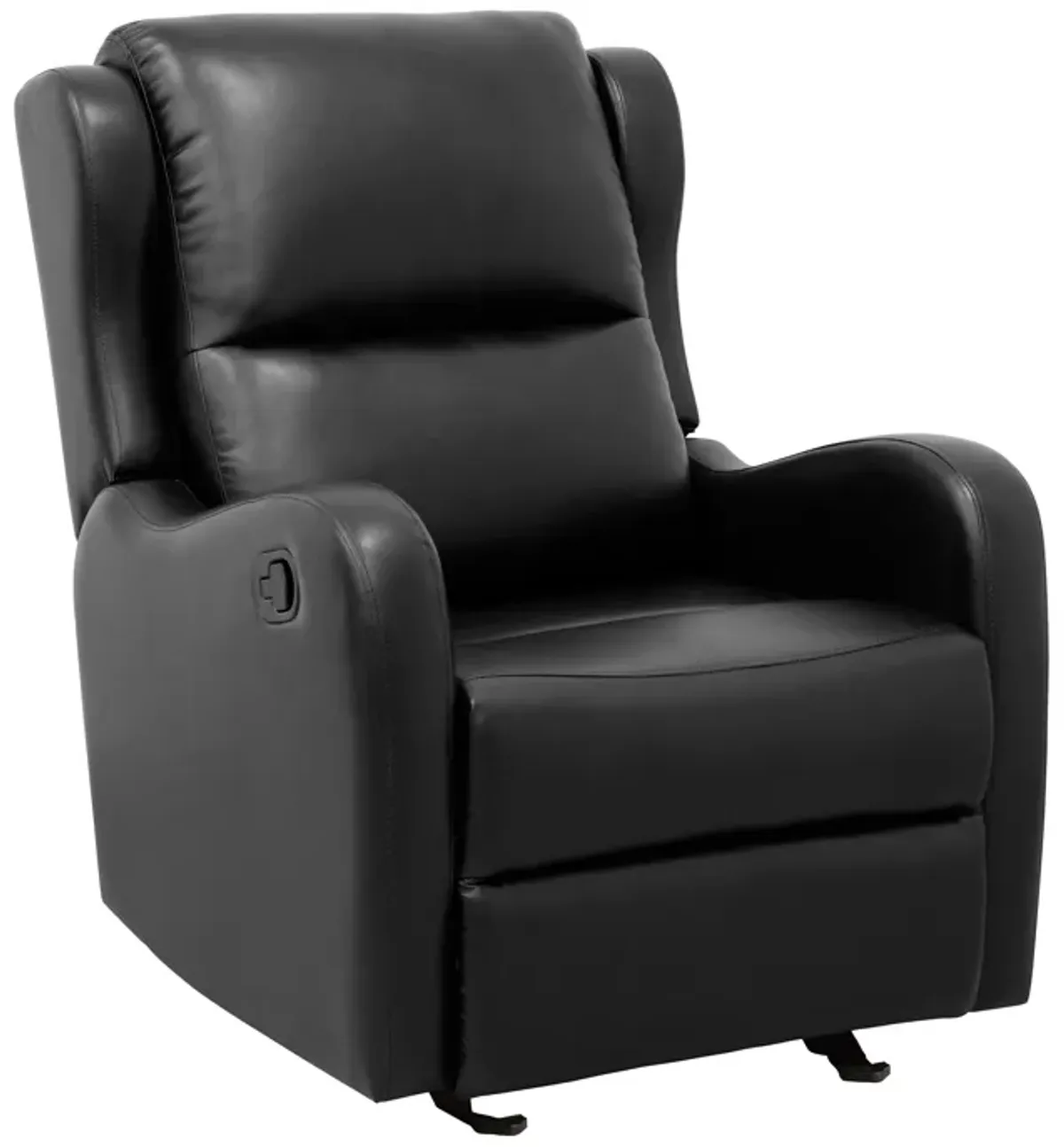 Kim 39 Inch Glider Manual Recliner Chair, Black Faux Leather, Solid Wood - Benzara