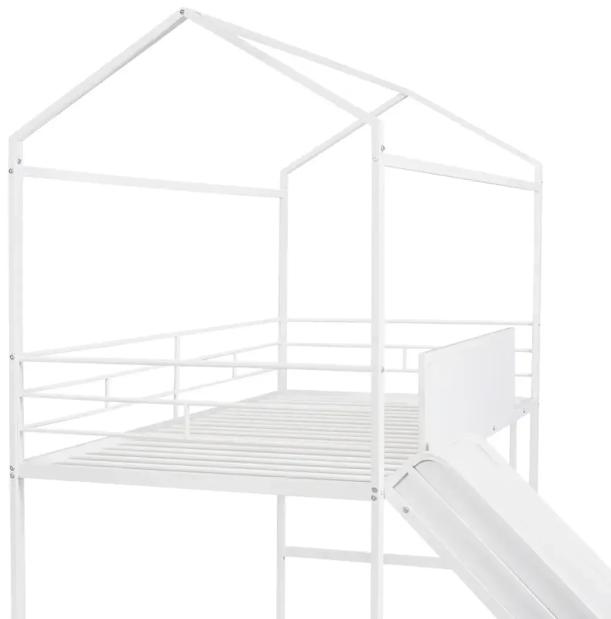 Metal House Bed With Slide, Twin Size Metal Loft Bed With Two-Sided Writable Wooden Board