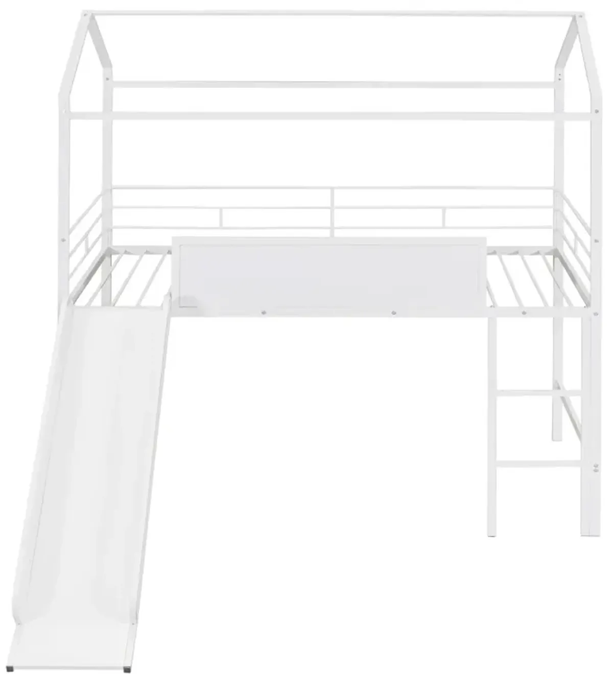 Metal House Bed With Slide, Twin Size Metal Loft Bed With Two-Sided Writable Wooden Board