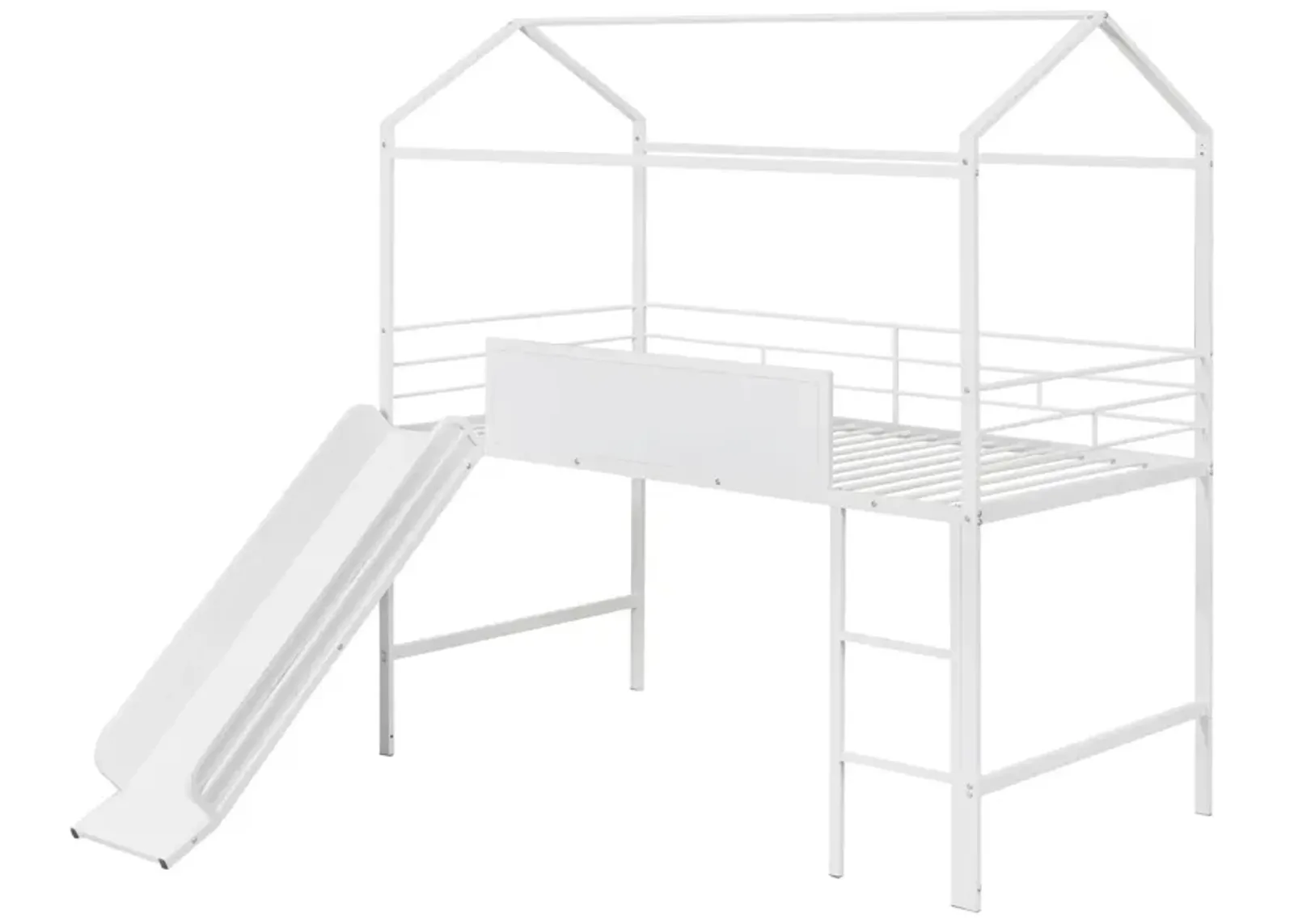 Metal House Bed With Slide, Twin Size Metal Loft Bed With Two-Sided Writable Wooden Board