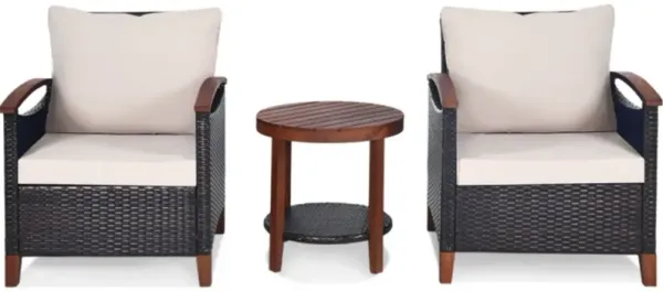 3 Pieces Patio Rattan Furniture Set with Washable Cushion and Acacia Wood Tabletop