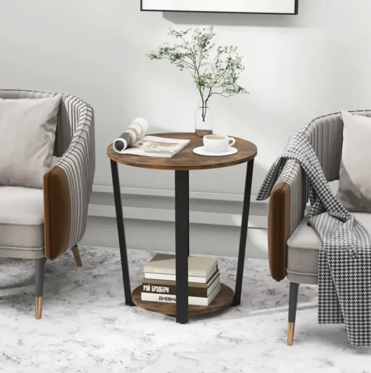 Hivvago 2-tier Round End Table with Storage Shelf and Metal Frame