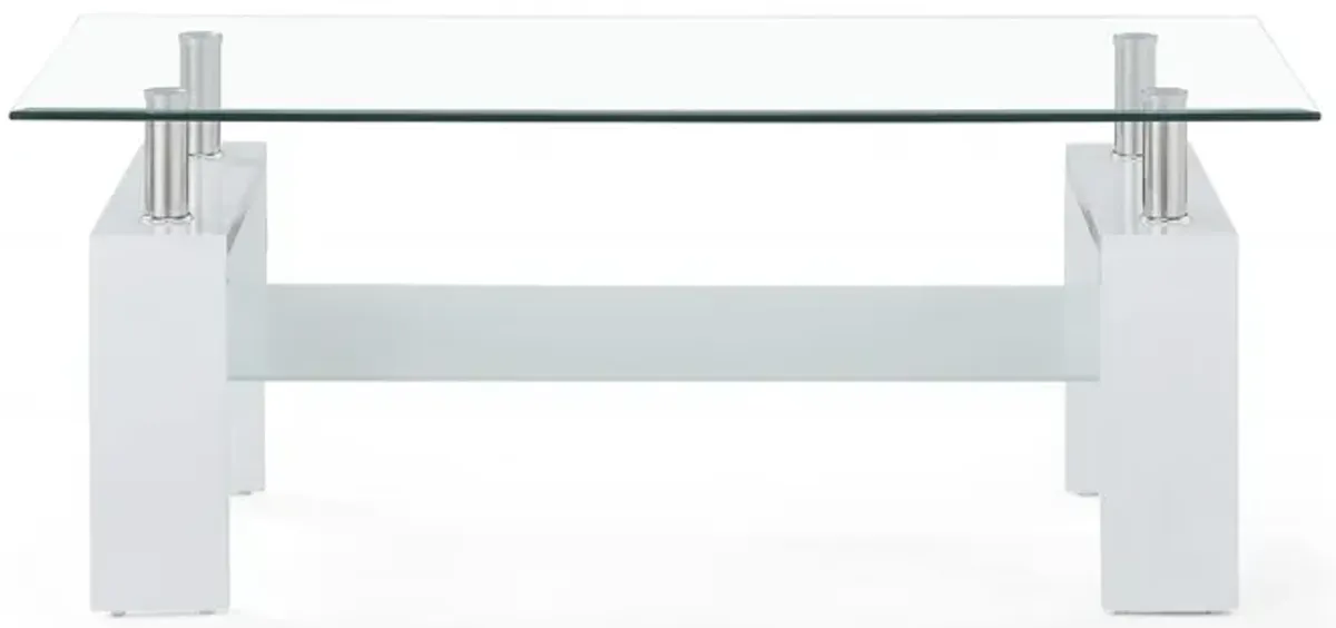 White Glossy Leg Coffee Table With Rectangular Clear Glass Top