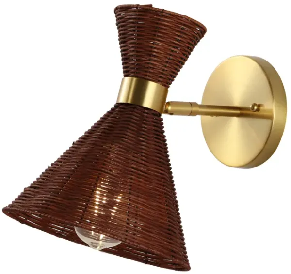 Zoey 10" 1-Light Mid-Century Vintage Retro Rattan/Metal LED Sconce with Adjustable Shade, Dark Brown/Brass Gold