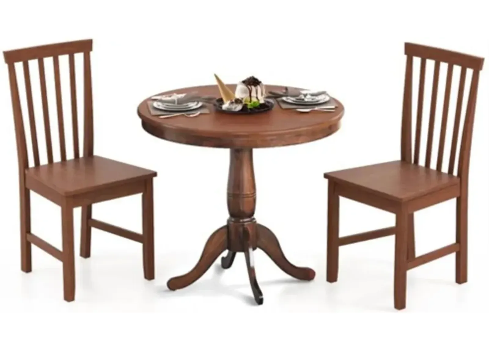 Hivvago 3 Piece Traditional Round Dining Table and 2 Chairs Set in Walnut Wood Finish