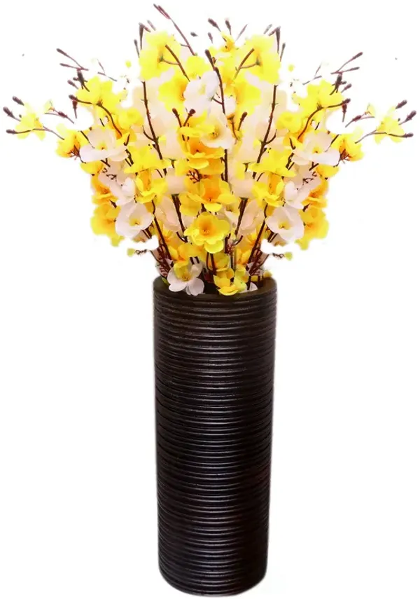 Brown Decorative Contemporary Mango Wood Ribbed Design Cylinder Shaped Table Vase, 16 Inch