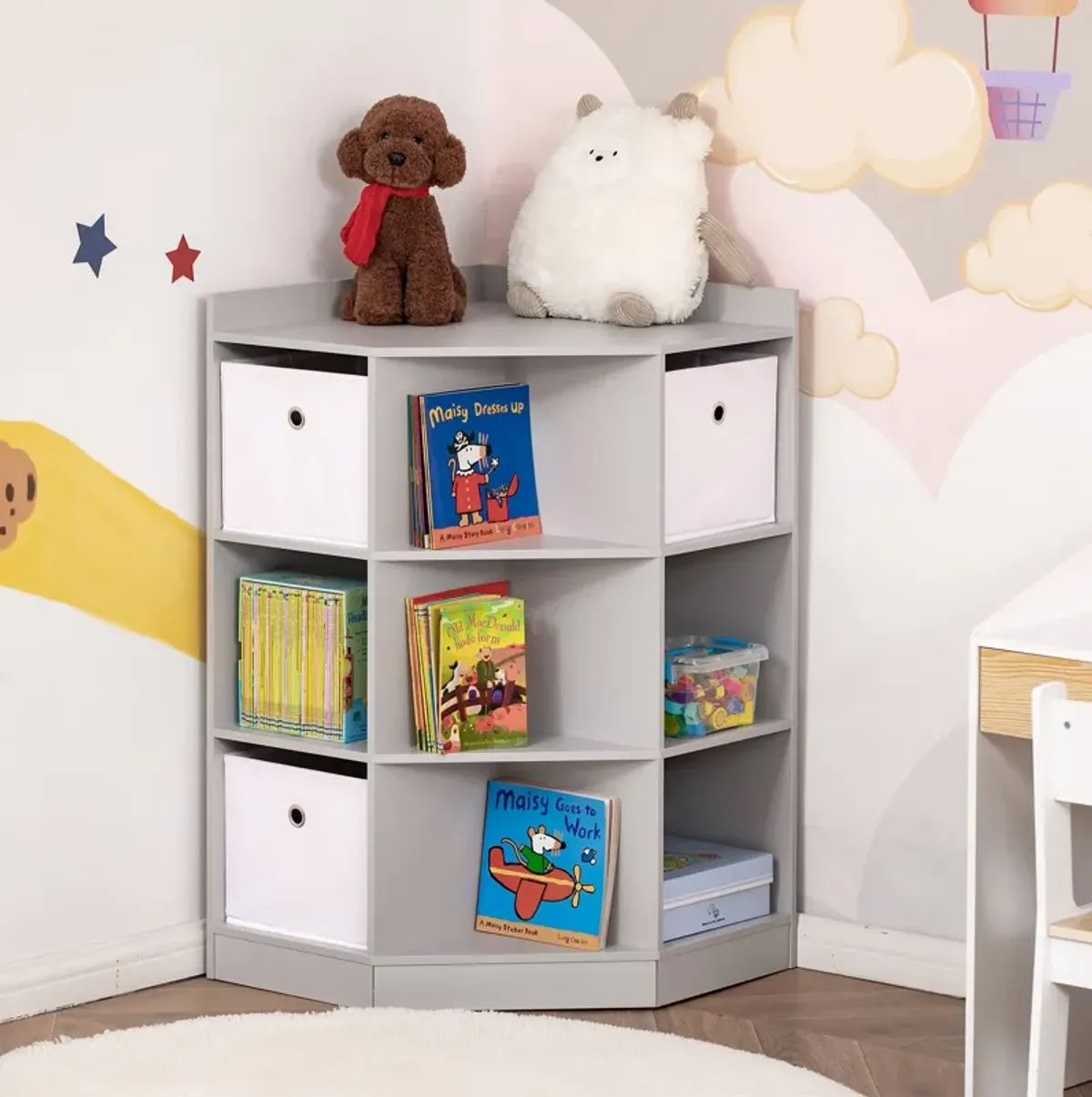 Gray Kids' Dresser: Wooden Cabinet with Drawer and Bookshelf