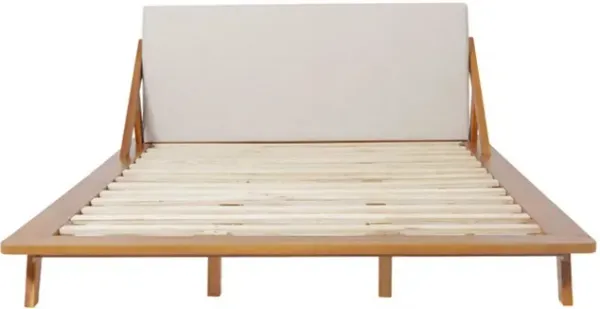Queen Size Bed, Beige Upholstered Headboard, Natural Brown Acacia Wood - Benzara