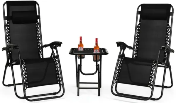 3 Pieces Folding Portable Zero Gravity Reclining Lounge Chairs Table Set