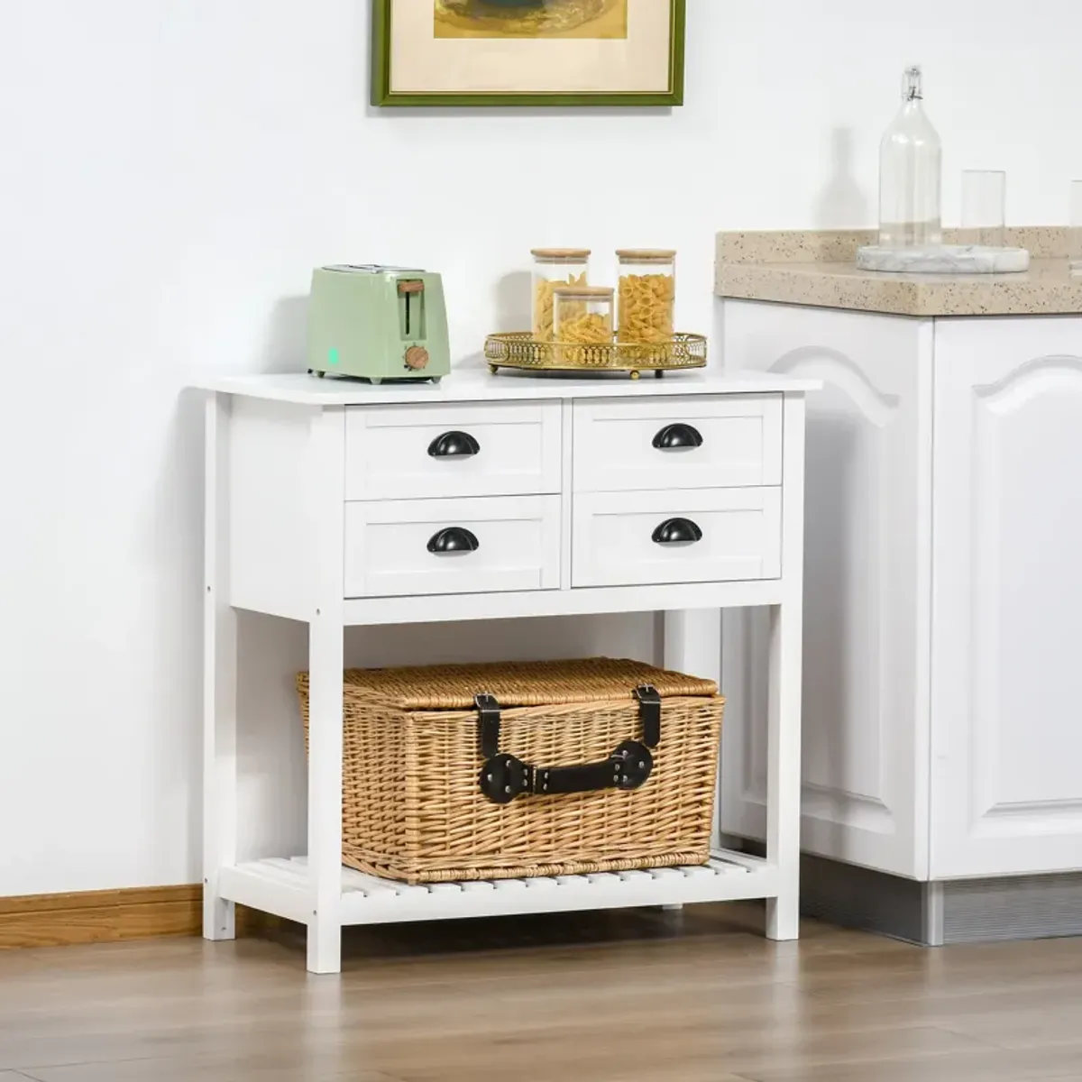 White Kitchen Buffet: Sideboard with 4 Drawers and Bottom Shelf