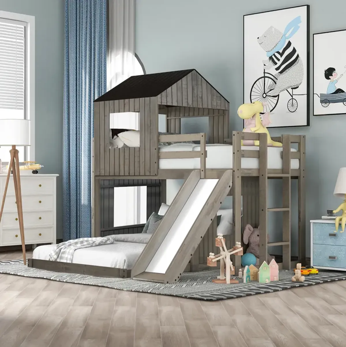 Merax Playhouse Bunk Bed with Slide