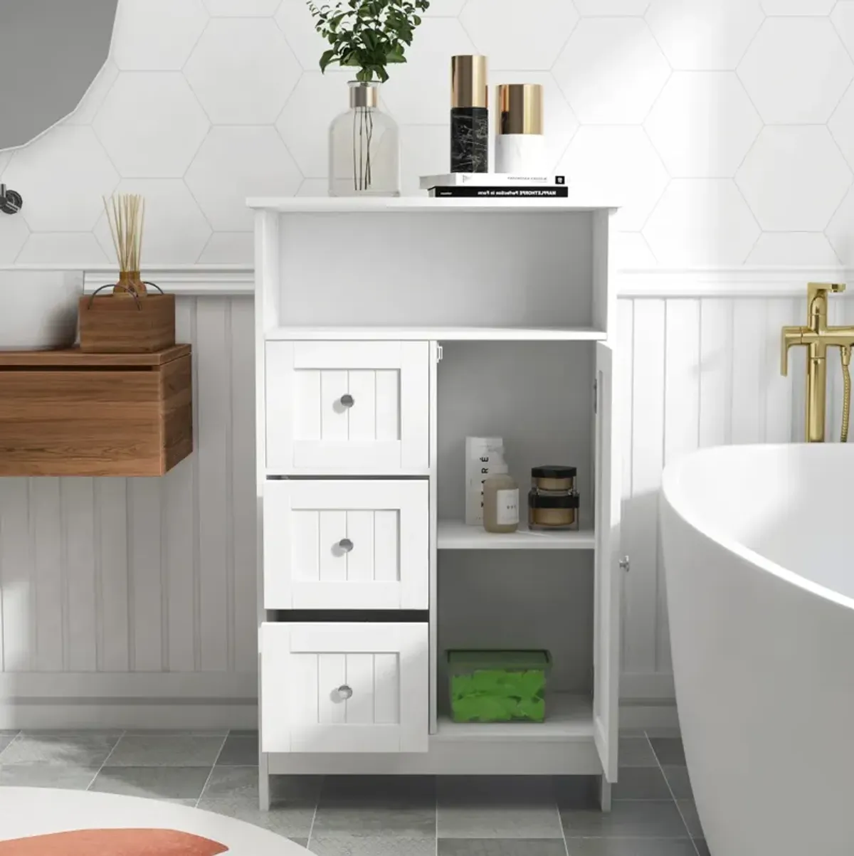 Bathroom Standing Storage Cabinet With 3 Drawers And 1 Door