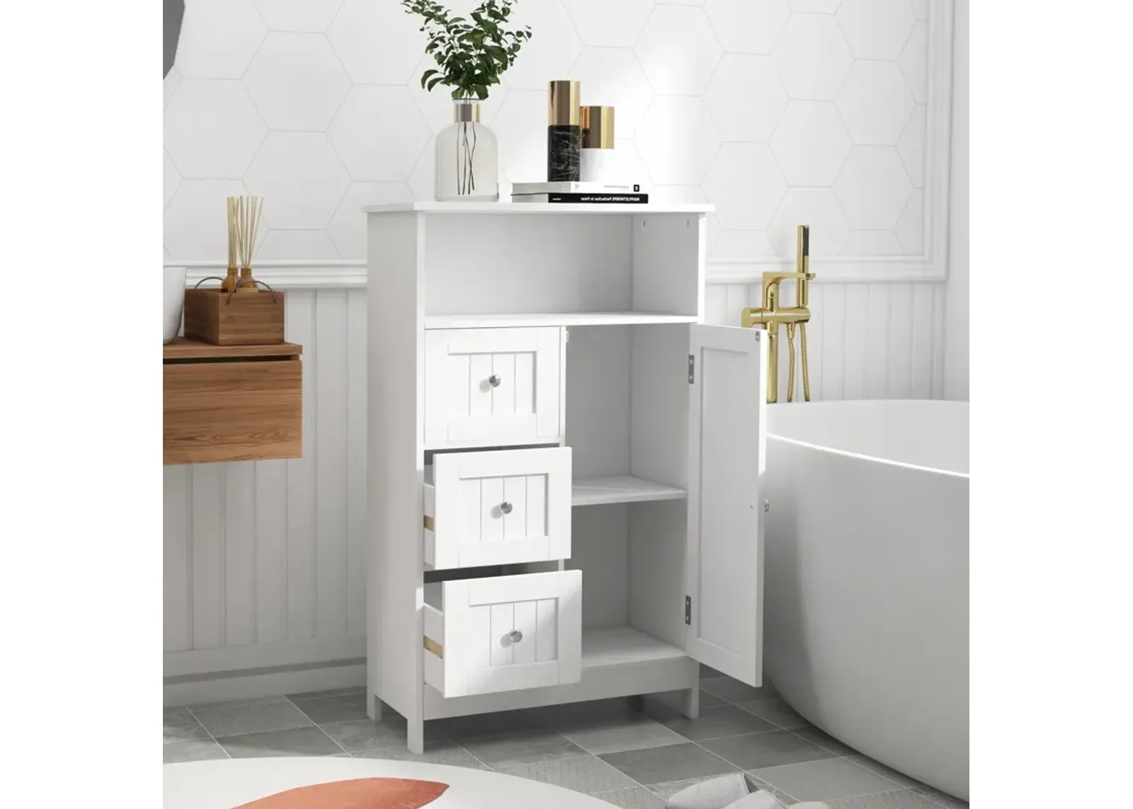 Bathroom Standing Storage Cabinet With 3 Drawers And 1 Door