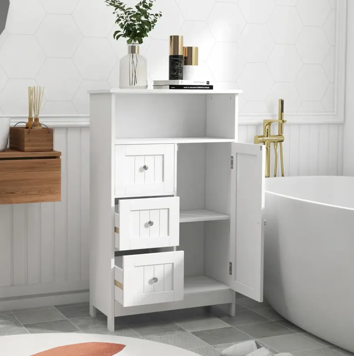 Bathroom Standing Storage Cabinet With 3 Drawers And 1 Door